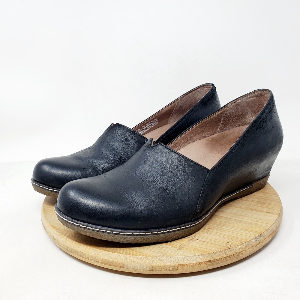 Dansko Liliana Shoes Womens 38 Black Leather Loafer‎ Wedge Modest Comfort Office